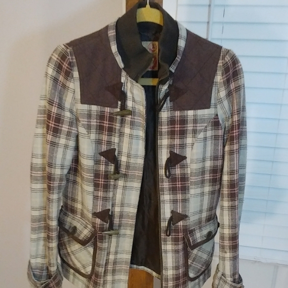 Billabong Wool Blend Brown Pink Plaid Pea Coat Jacket Size S Quilt Lined Pockets - Picture 1 of 9